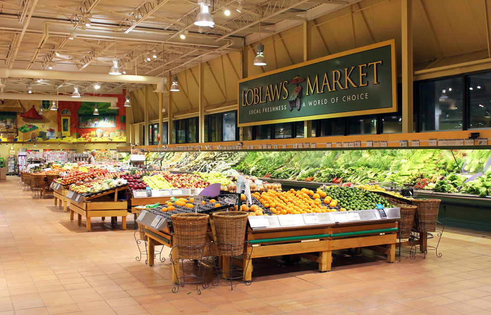 Interior of a Loblaws Market grocery store in Canada with fresh fruits and vegetables on display