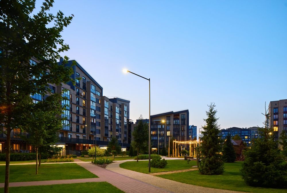 The courtyard of an apartment complex where renters live.