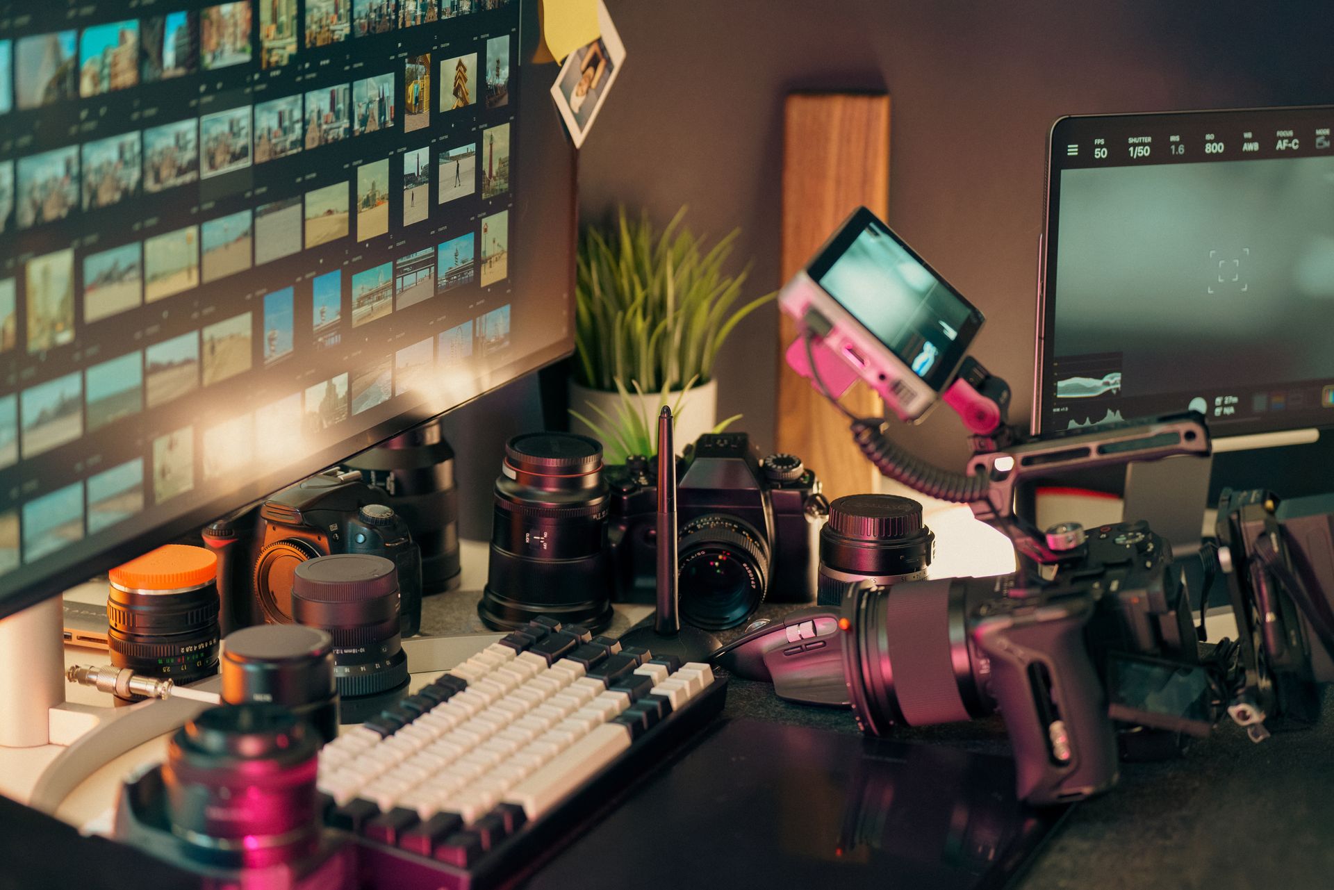 Explore a high-end video editing workspace complete with cameras, lenses, and monitors