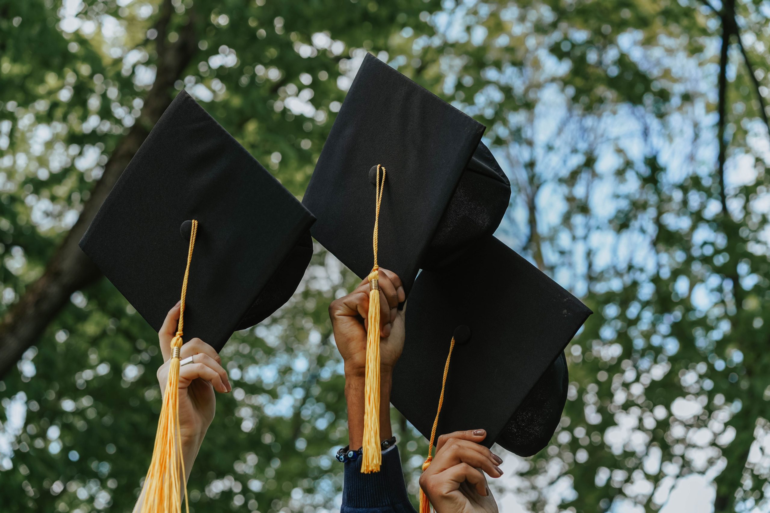 Three hands holding graduation caps in celebration, symbolizing success