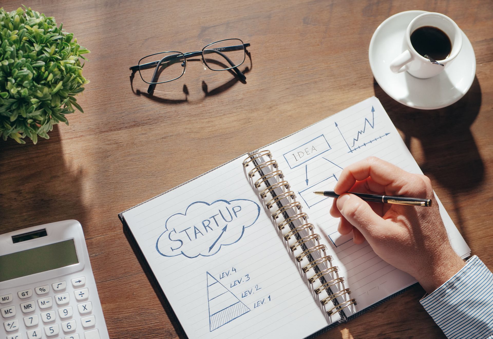 A creative workspace featuring startup planning on a notepad, eyeglasses, and a cup of coffee